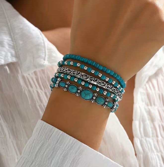 Western Style Vintage Turquoise Series Fashion Stretch  Rope Beaded Bracelet
