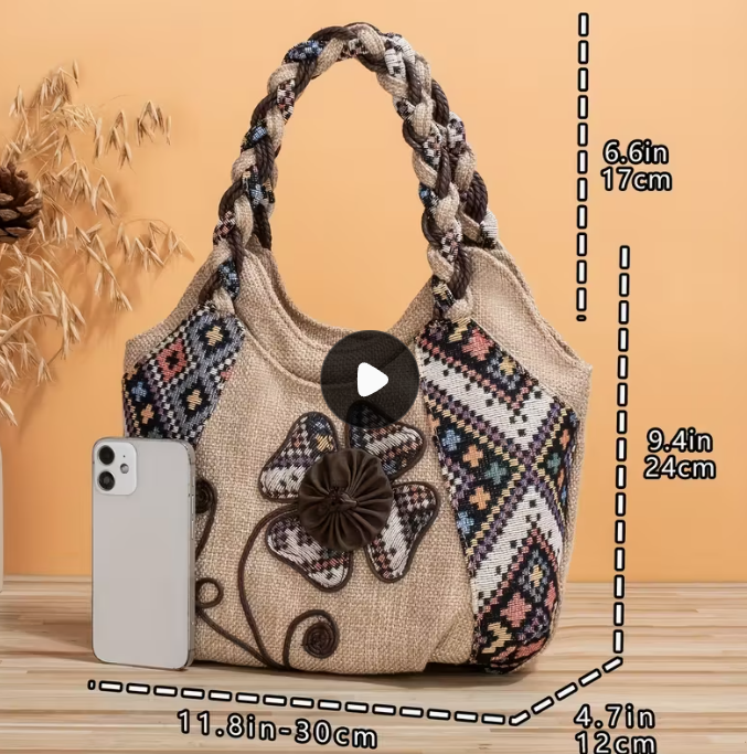 🌼 Boho Woven Floral Patchwork Embroidered Tote Bag Handbag