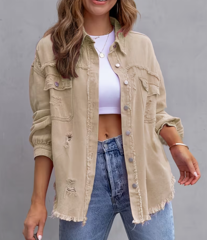 Women Distressed Washed Button Frayed Casual Shacket with Pocket
