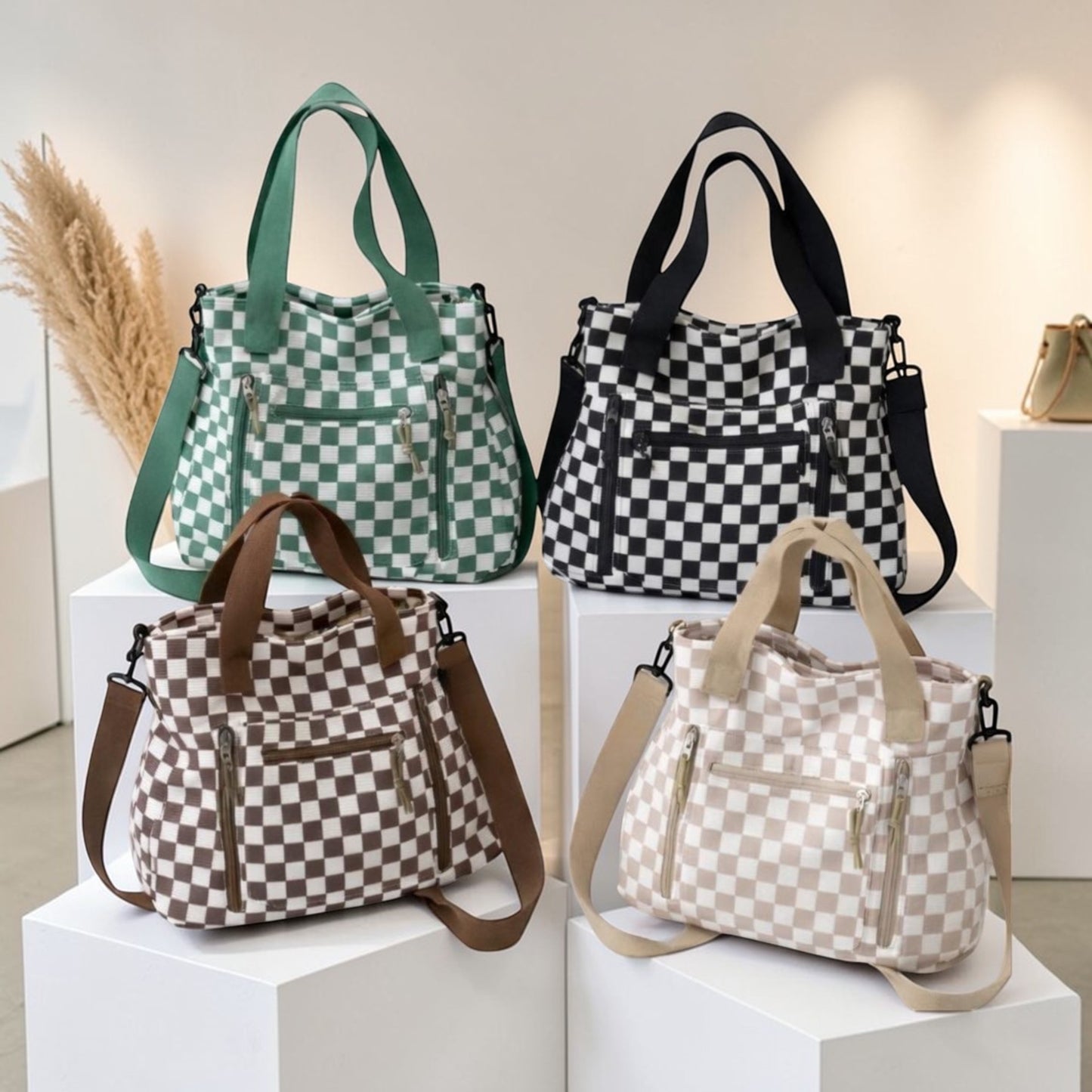 Checkmate Everyday Tote – Checkered Multi-Pocket Shoulder Bag