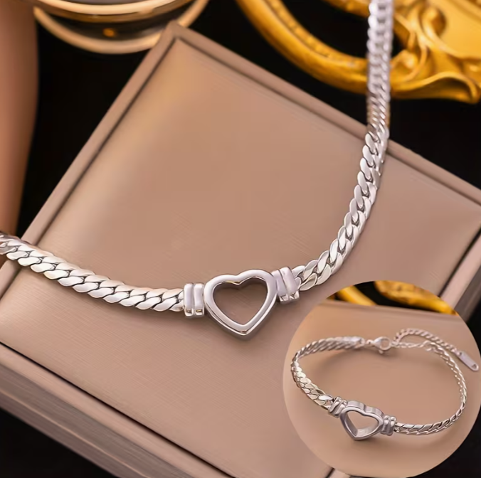 Heart Link Necklace & Bracelet Set