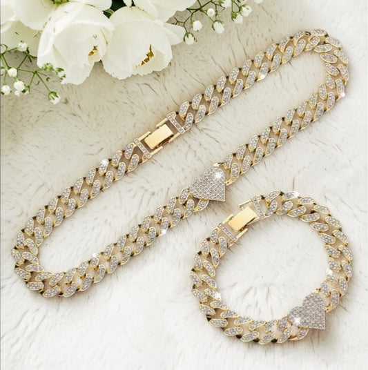 Waterproof Cuban Heart Bling Chain Necklace & Bracelet Set