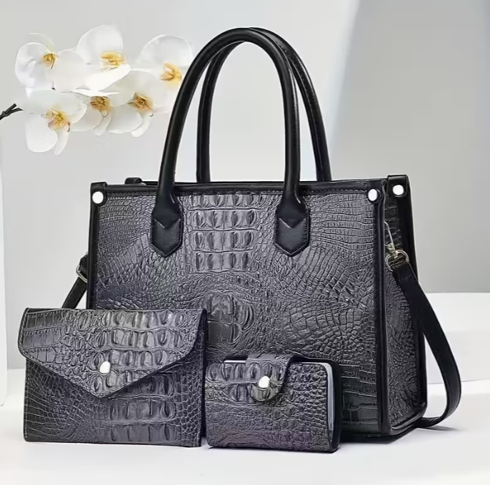 🐊 Luxe Croc-Embossed 3-Piece Handbag Set ~Multiple colors