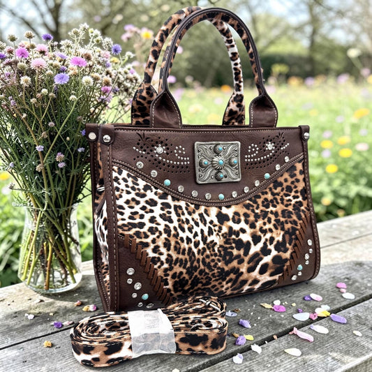 Rectangle Concho Leopard Print Western Weekend Bag Crossbody