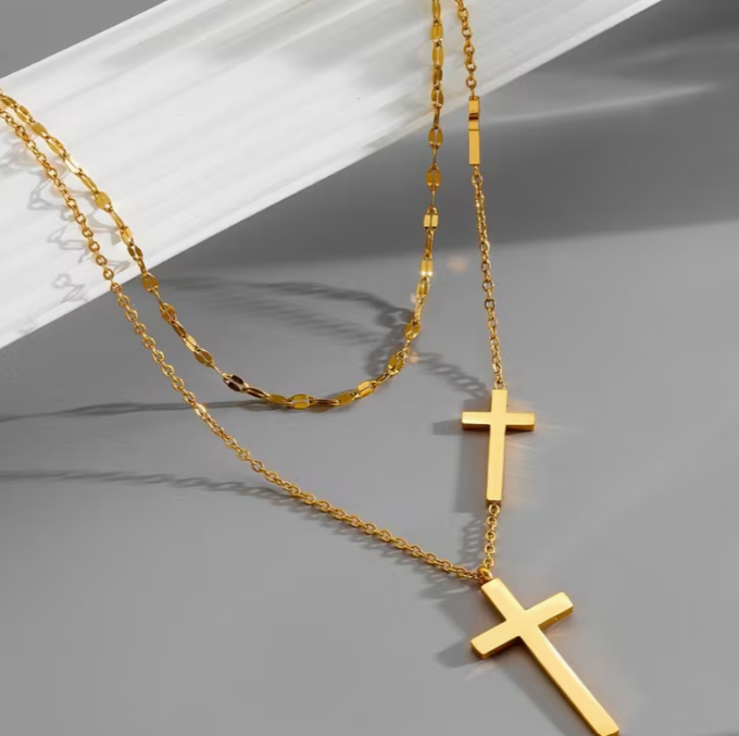 Stainless Steel Double Cross Necklace