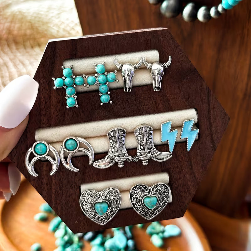 Dripped Faux Turquoise Inlaid Stud Earring Featuring Vintage Ethnic Style with Western Cowboy Boots, Cross, Bull Head, Lightning, And Moon Designs.