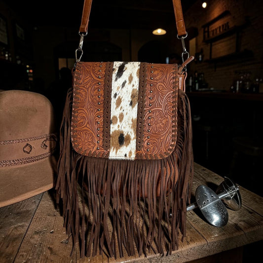 🤎 Western Fringe Crossbody Bag – Tooled Leather & Cowhide