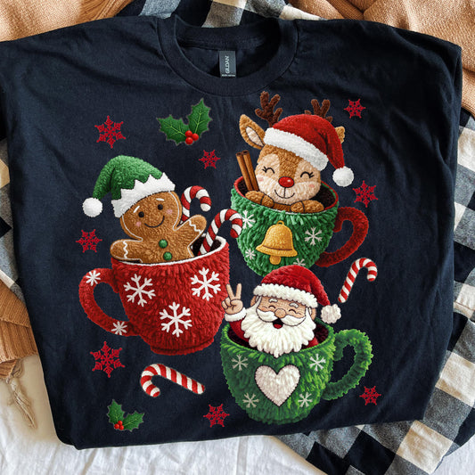 Faux Yarn Gingerbread, Santa, Reindeer T~Shirt