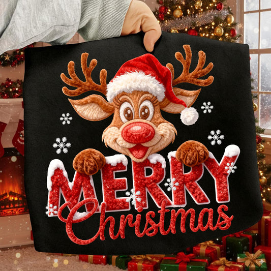 Merry Christmas Reindeer Faux Yarn 3D T~Shirt