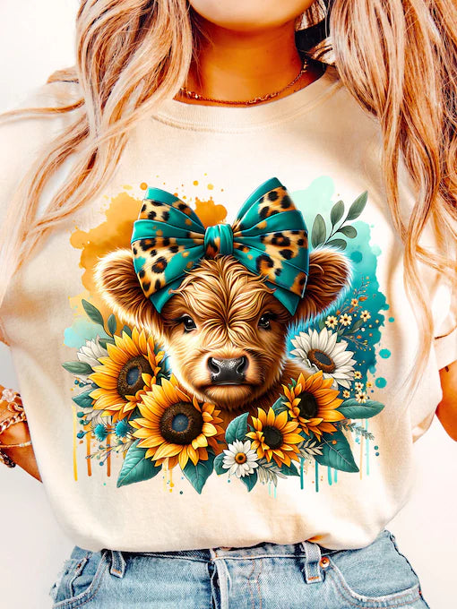 Shaggy Cow Turquoise and Sunflowers T Shirt