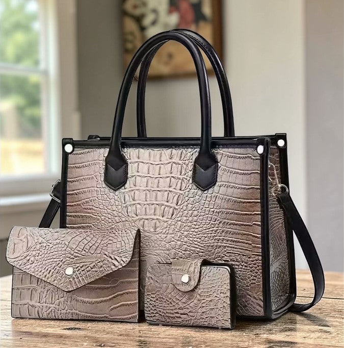 🐊 Luxe Croc-Embossed 3-Piece Handbag Set ~Multiple colors