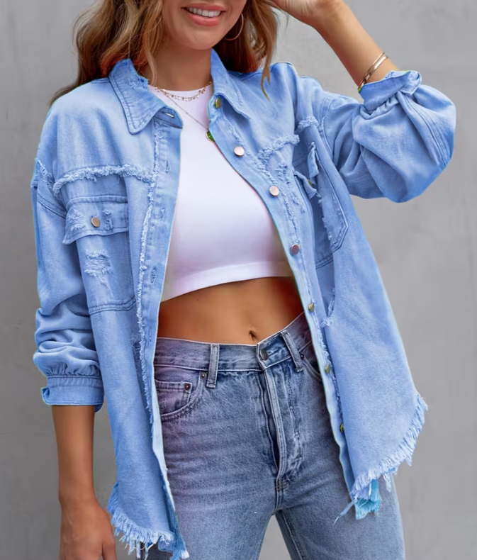 Women Distressed Washed Button Frayed Casual Shacket with Pocket