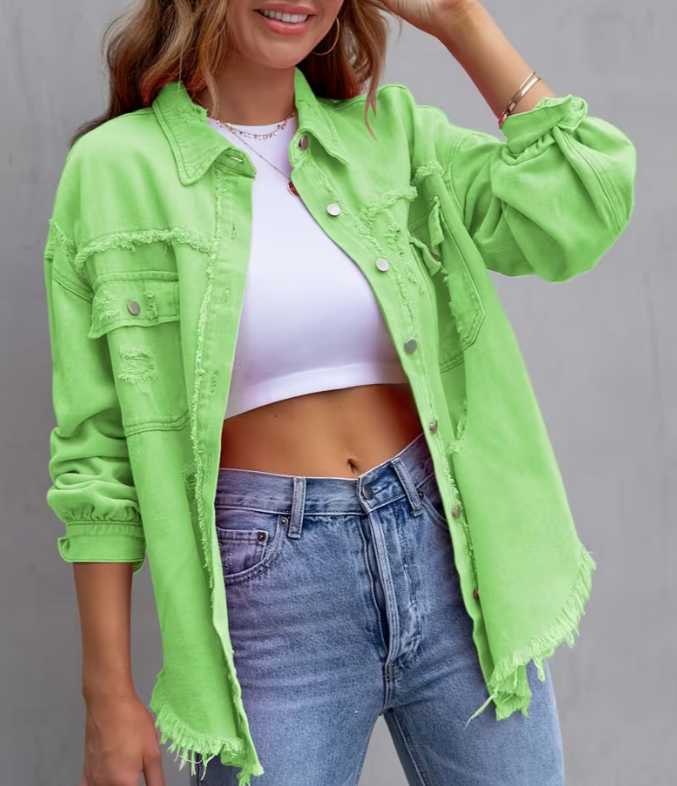 Women Distressed Washed Button Frayed Casual Shacket with Pocket