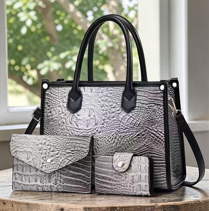 🐊 Luxe Croc-Embossed 3-Piece Handbag Set ~Multiple colors