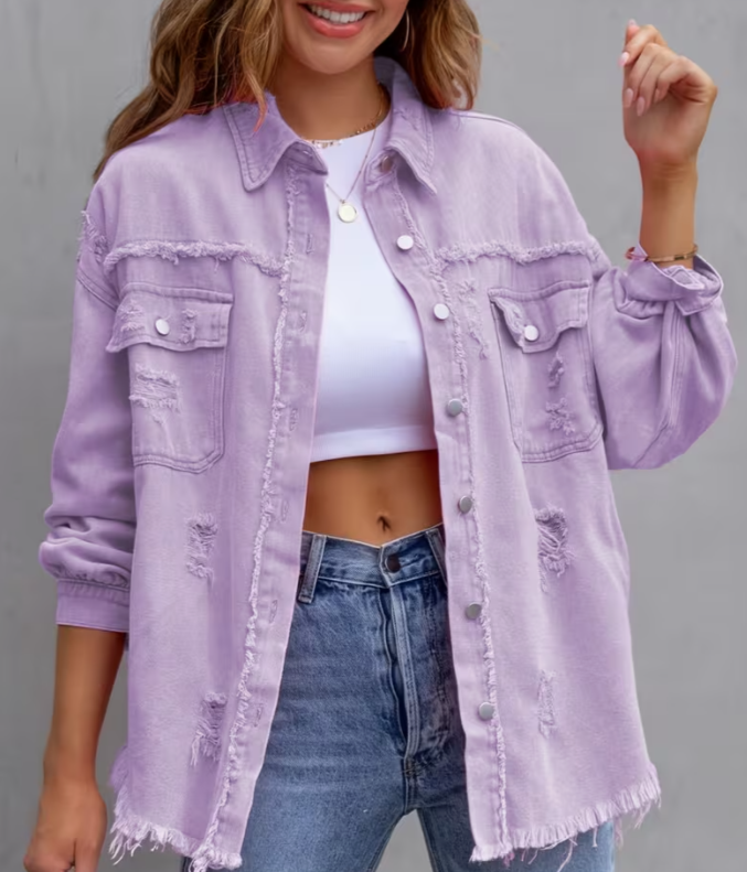 Women Distressed Washed Button Frayed Casual Shacket with Pocket