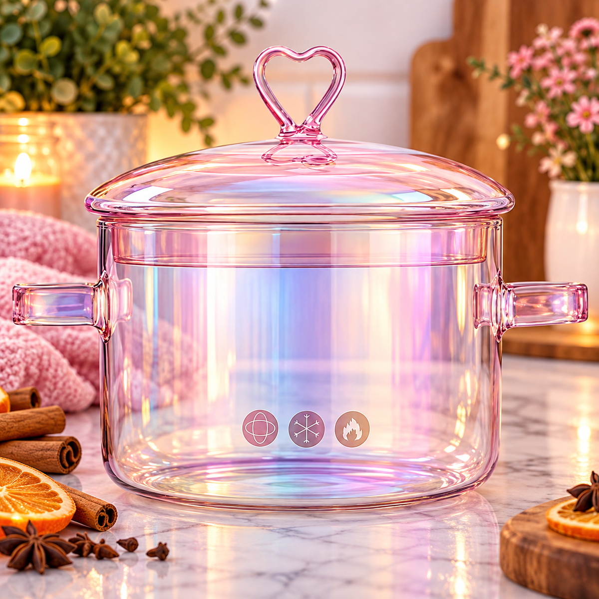 Iridescent Pink Glass Simmer Pot with Heart Lid