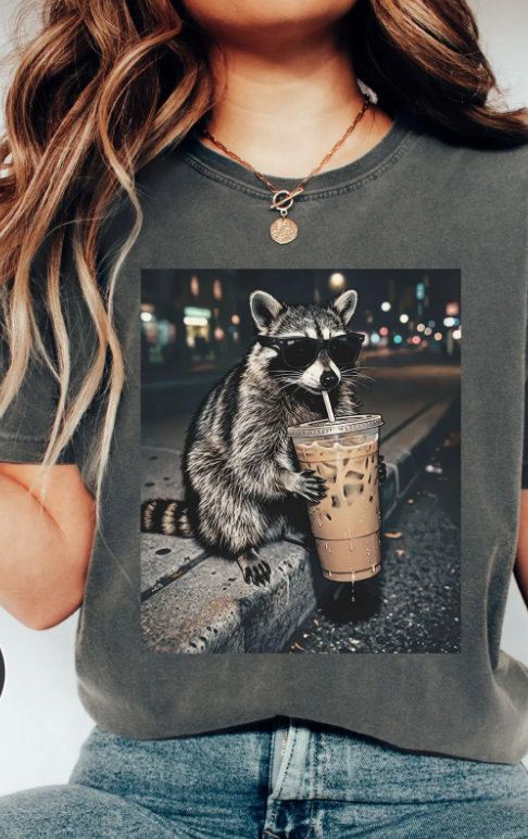 Racoon Drinking Iced Coffee T~SHIRT, SWEATSHIRT, HOODIE LISTING
