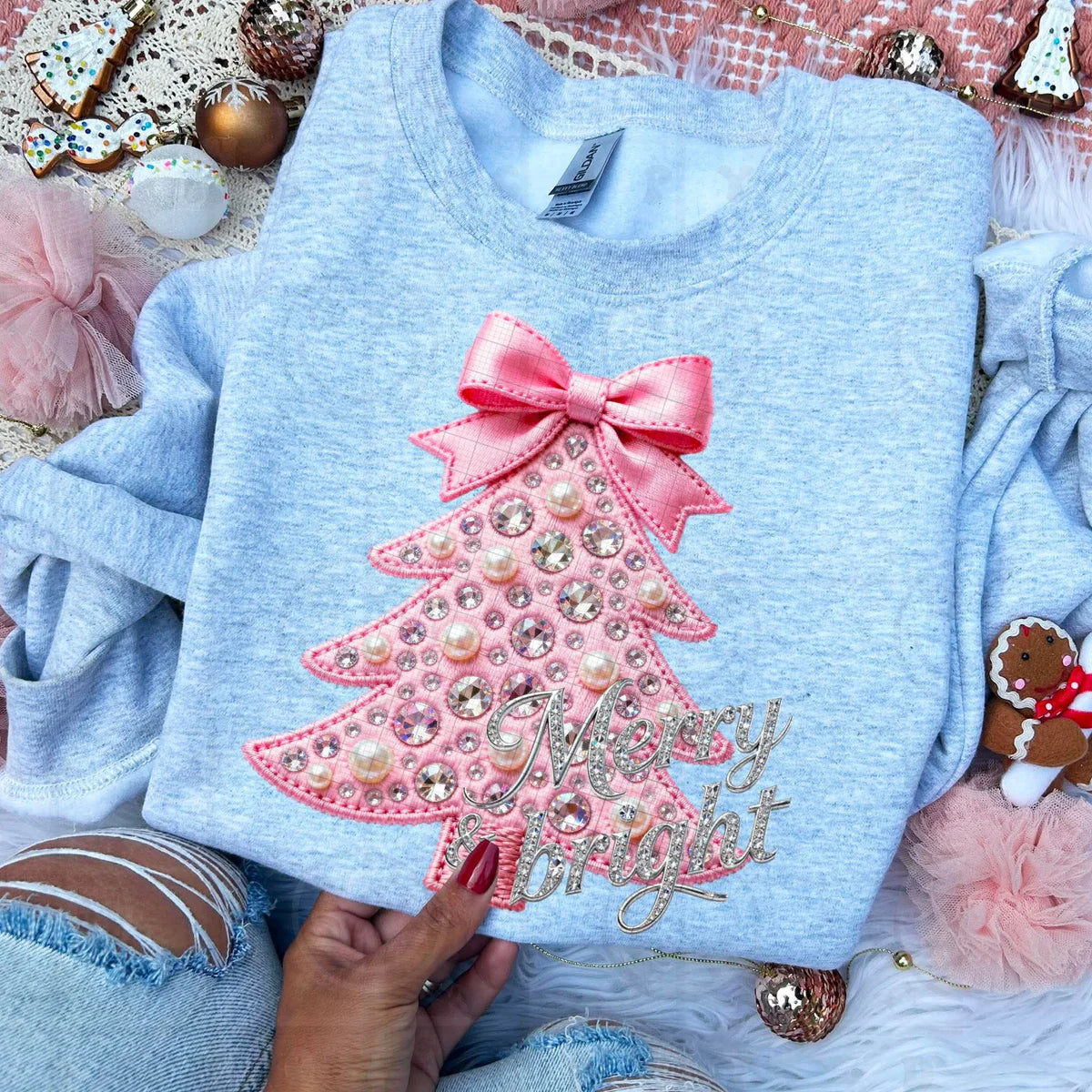 Merry and Bright Pink Pearl Tree with Pink Bow SWEATSHIRT