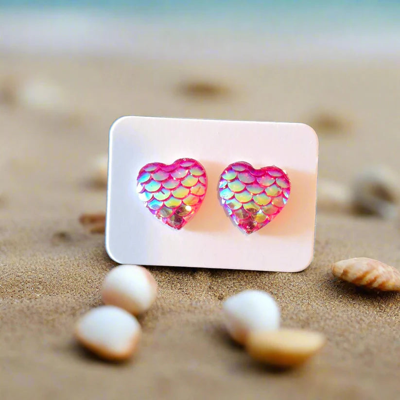 Pink Mermaid Scale Heart Earrings (12mm)