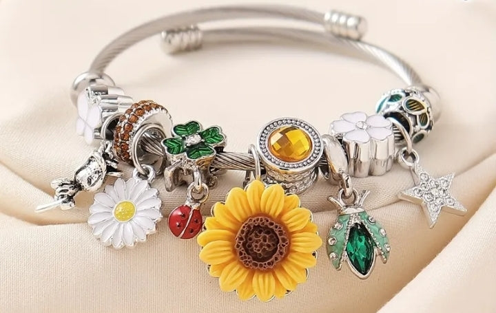 Sunflower Garden Charm Bangle Bracelet