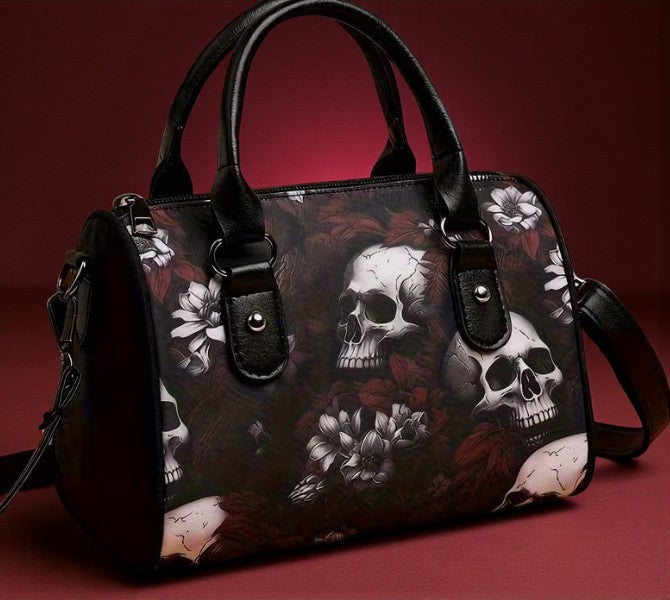Skull & Floral Satchel Handbag Purse