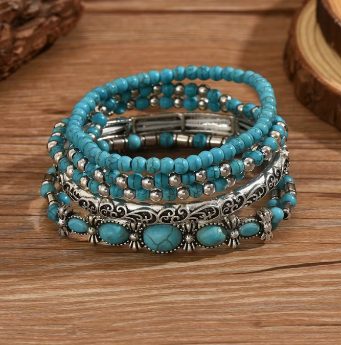 Western Style Vintage Turquoise Series Fashion Stretch  Rope Beaded Bracelet